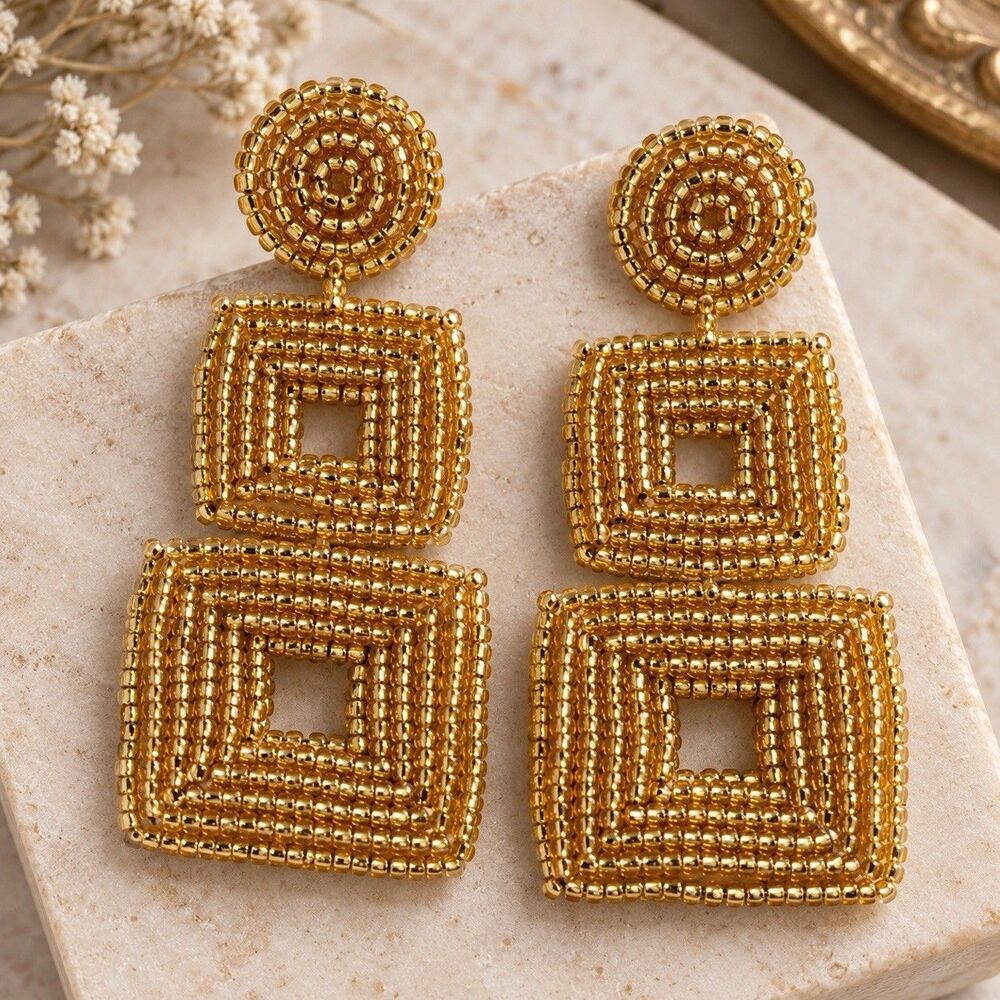 Vintage Gold Seed Bead Geometric Square Dangle Statement Earrings